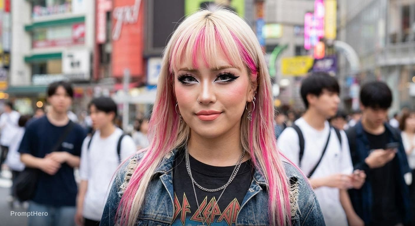 AI generated: alt girl with blonde hair and bangs, pink streaks in her hair, doing gyaru makeup, looks gorgeous