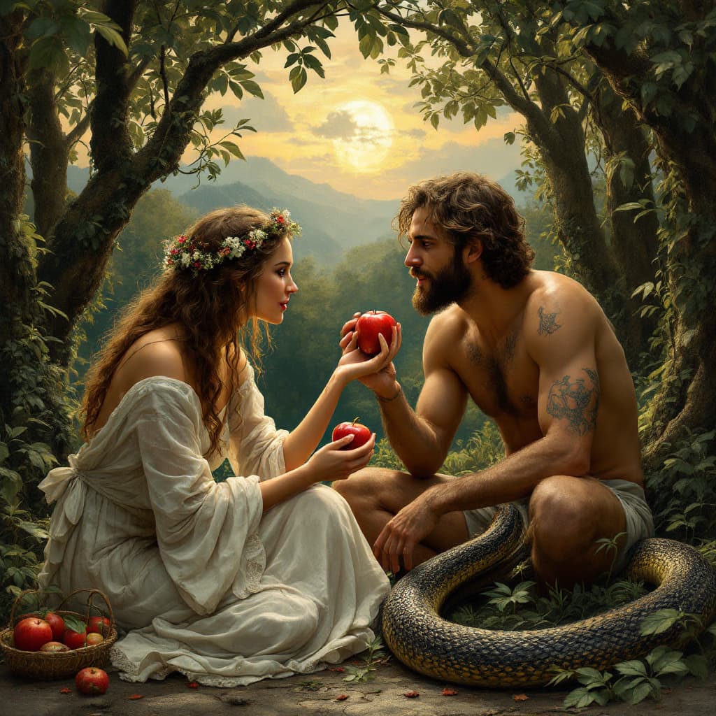 AI generated: Eve tempting Adam with a bite of an apple as a snake looks on in the garden of Eden.