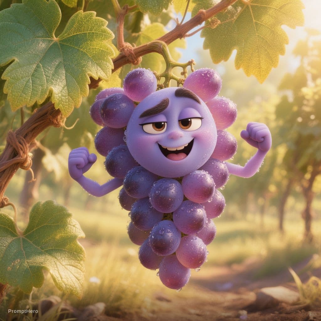 AI generated: Pixar-style 3D render of a bunch of grapes (العنب) hanging fresh on a vine.

• Eyes: shiny, playful,...