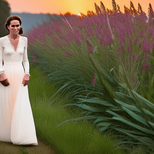 AI generated: kate middleton
stands in a field with flowers at sunset, wearing only
a long, thin, semi-transparent...