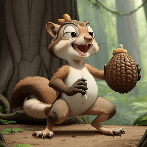 AI generated: Scrat, full body the lovable saber-toothed squirrel from Ice Age, caught in a comical struggle with ...