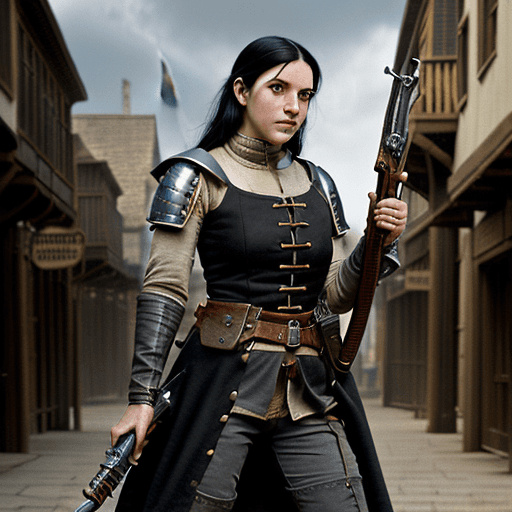 AI generated: big musket in hand, medieval, engineer, art, leather jerkin, renaissance, dirty looking, Pouch over ...