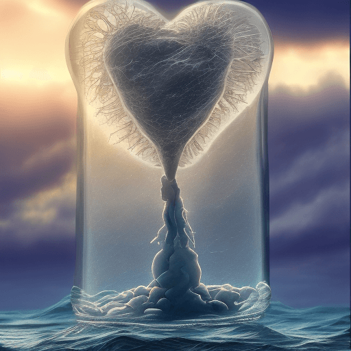 AI generated: AN ILLUSTRATION OF A HUMAN HEART MADE OF TRANSLUCENT GLASS, STANDING ON A PEDESTAL AMIDST A STORMY S...