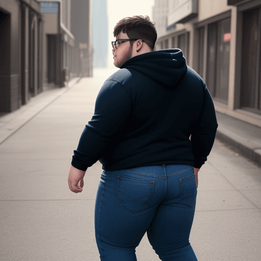 AI generated: a chubby cute male, with a big rear 
wearing a hoodie, and tight jeans, with short hair, wearing gla...