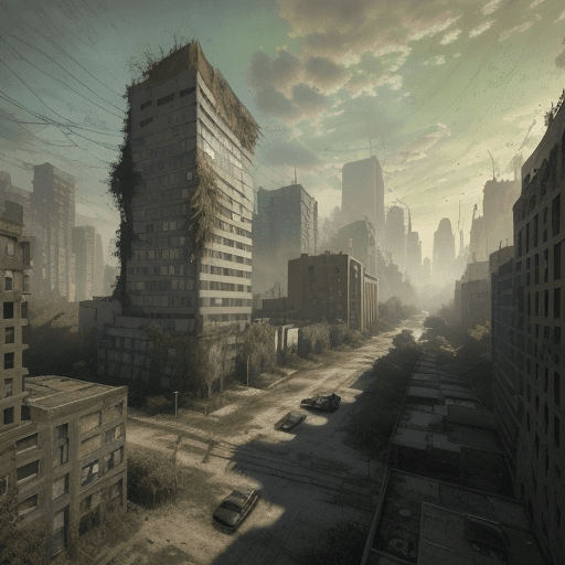 AI generated: Imagine a post-apocalyptic city from "The Last of Us" in the style of Monet's paintings. The remnant...