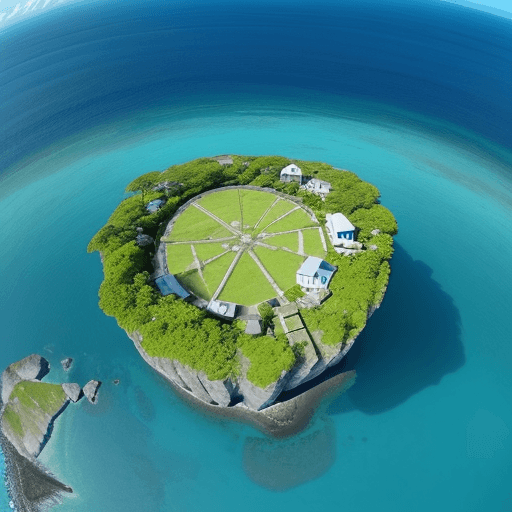 AI generated: bird's eye view high up looking down of a simple island. you can see the mainland in the background....