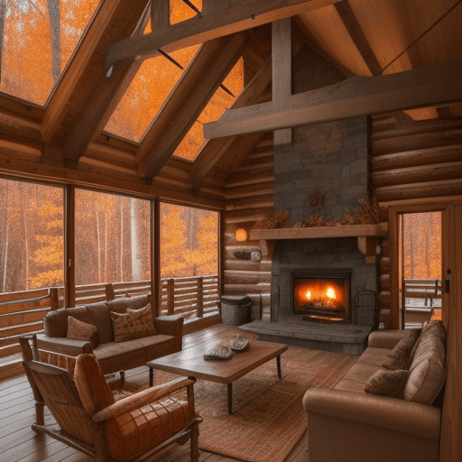 AI generated:  beautiful photograph rustic modern cabin in the woods autumn leaves, lake roaring fireplace people ...