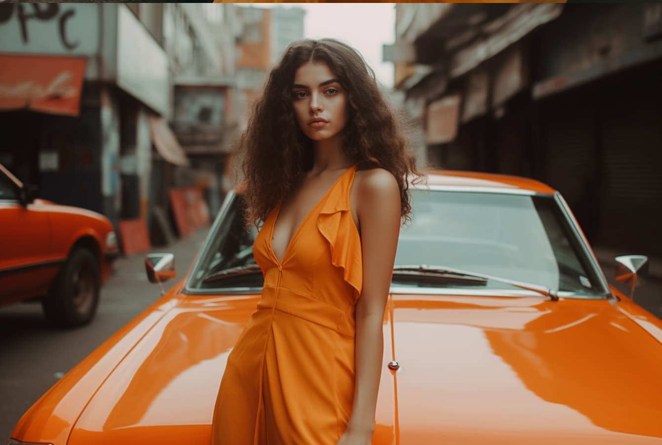 AI generated: a woman standing in front of an orange car, wearing light orange slit dress .photography fashion edi...