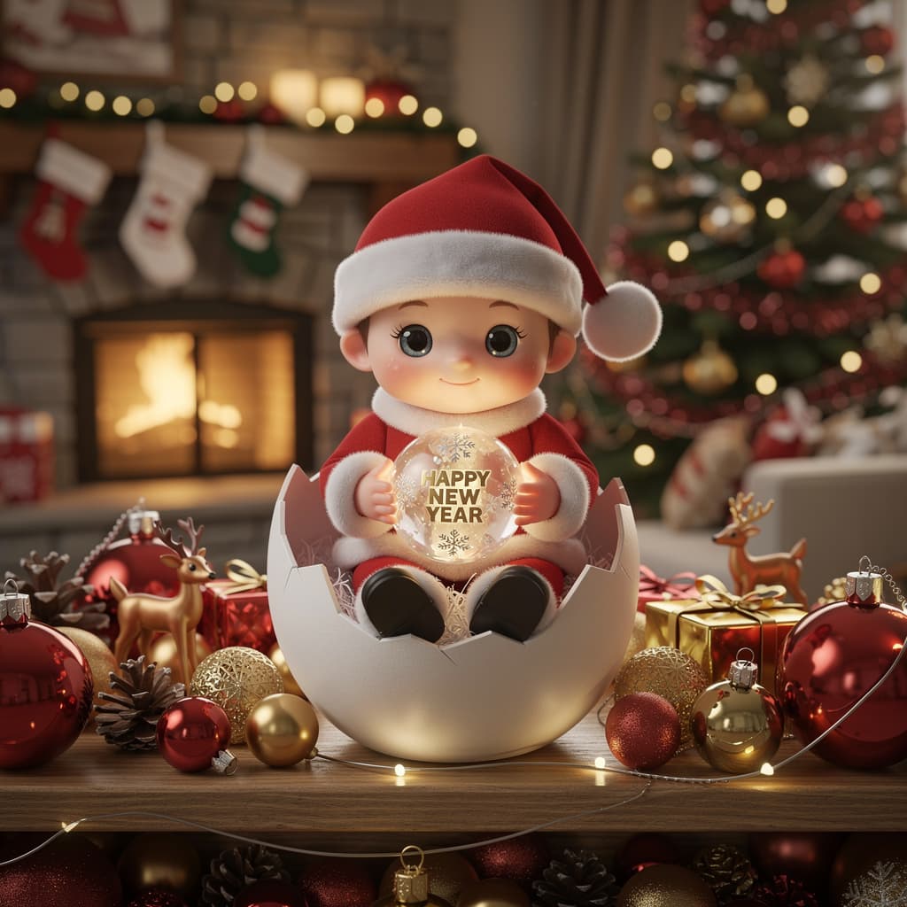 AI generated: A 3D representation of a real scene of Santa Claus sitting in egg shell and santa claus need to cute...