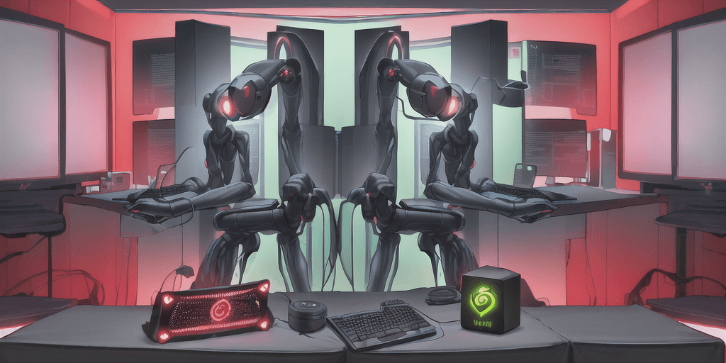 AI generated: In the background there are personal computers, different pc components. In the image there is only ...