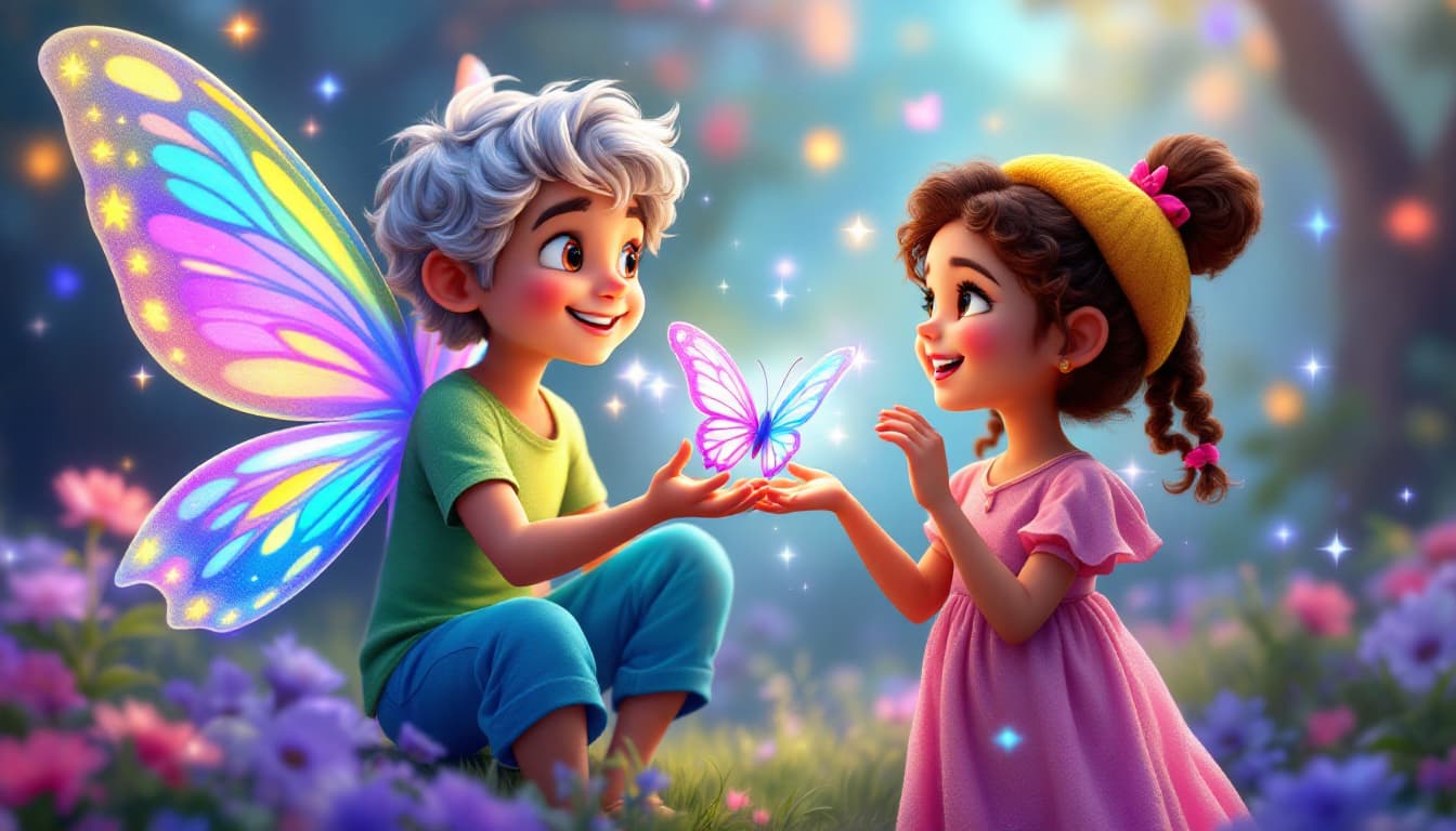 AI generated: "Create a 3D scene where the fairy, with shimmering silver hair, glowing lavender skin, and rainbow-...