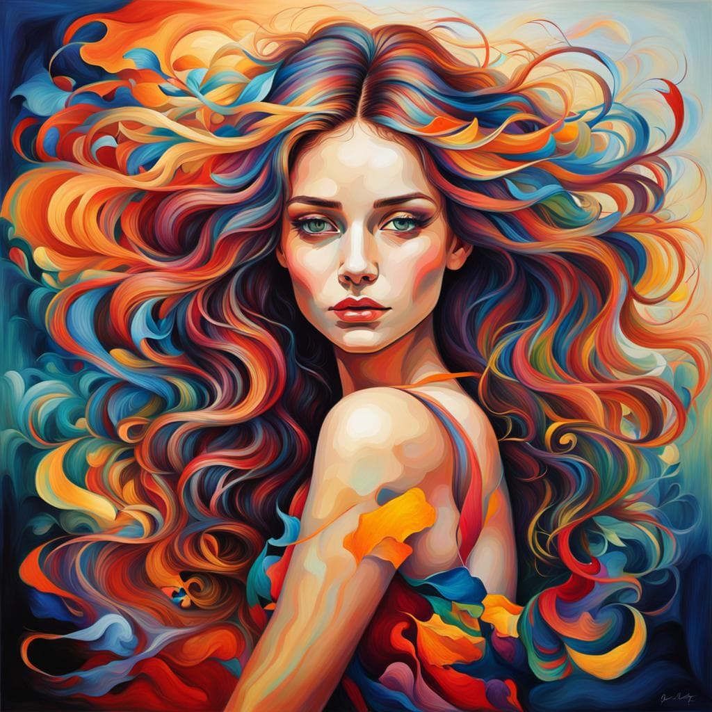AI generated: Imagine a vibrant tableau where a woman sits in profound introspection, her form bursting with vivid...