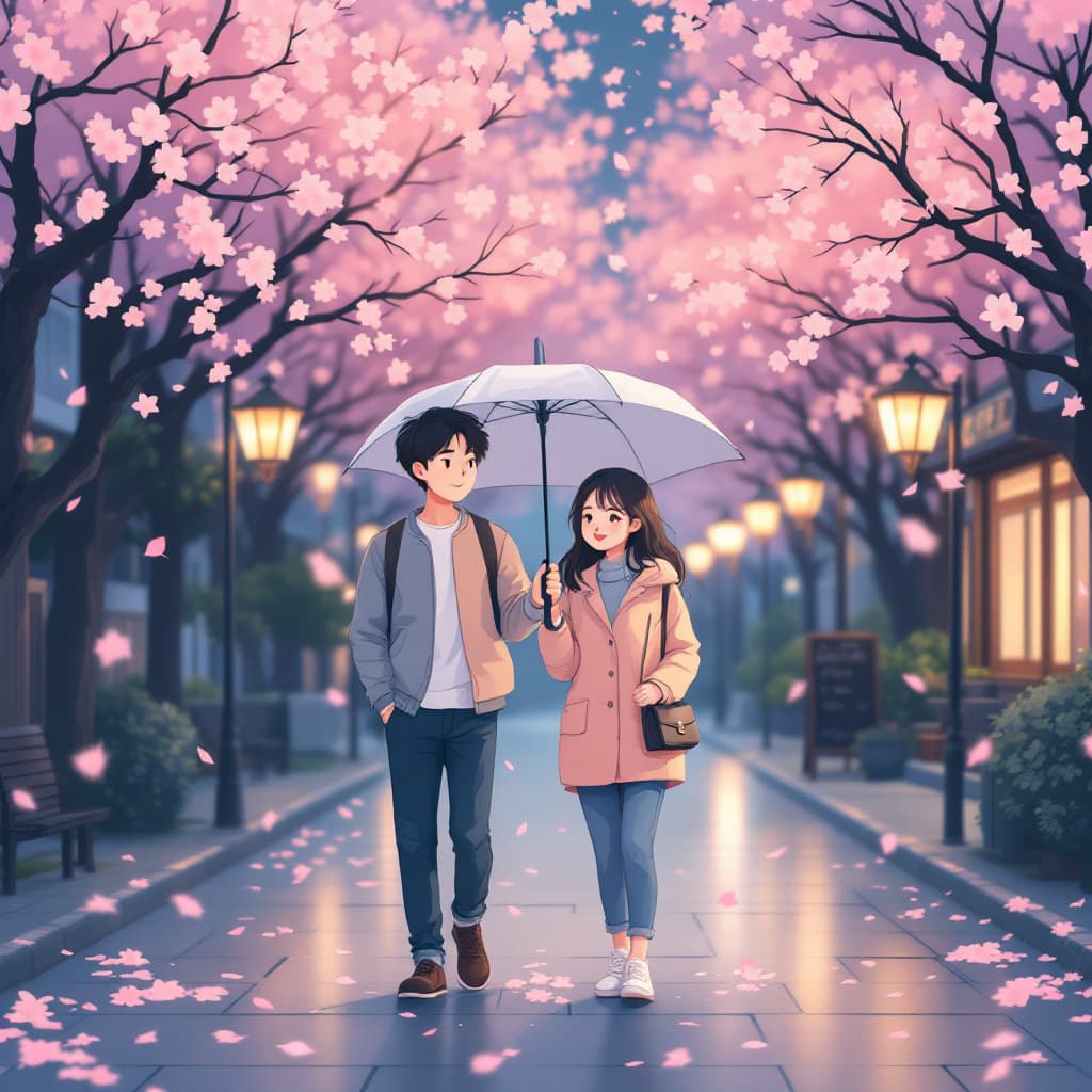 AI generated: "Create a heartwarming cartoon-style illustration of a young couple walking home together in a seren...