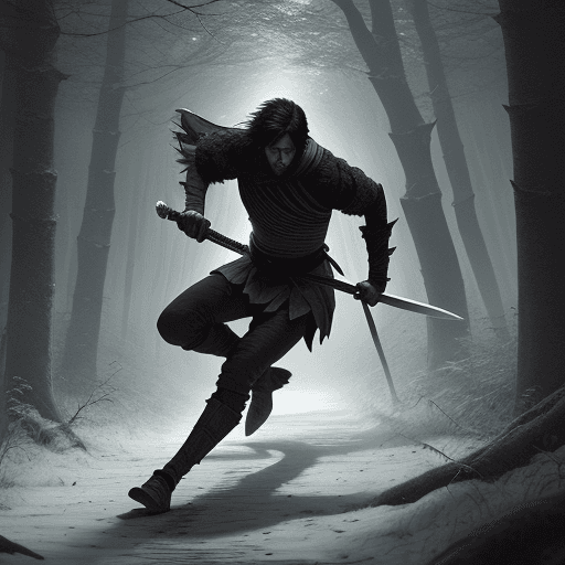 AI generated: a swords man running through a dark forest