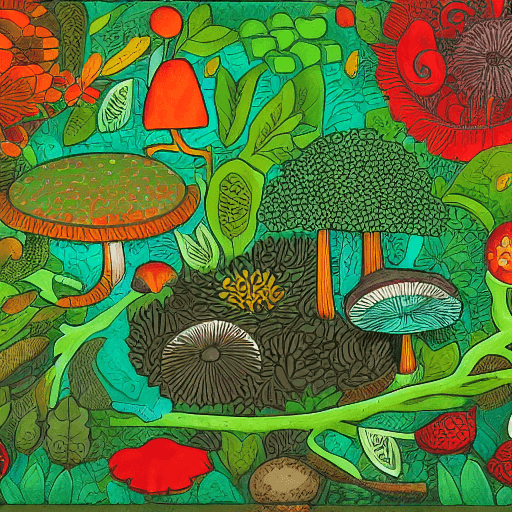 AI generated: forest, mushrooms, bottle, green, horizontal, 1511x520 resolution, indonesian art, vibrant Folk Art ...