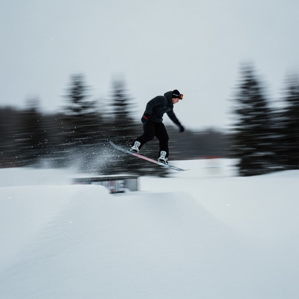 AI generated: a motion blurred picture of a man snowboarding. jumping of a ramp. a lot of motion blur. a lot of gr...