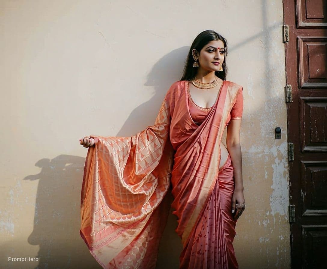 AI generated: transform this subject in a half blouse and half draped saree flaunting cleavage and the saree is ve...