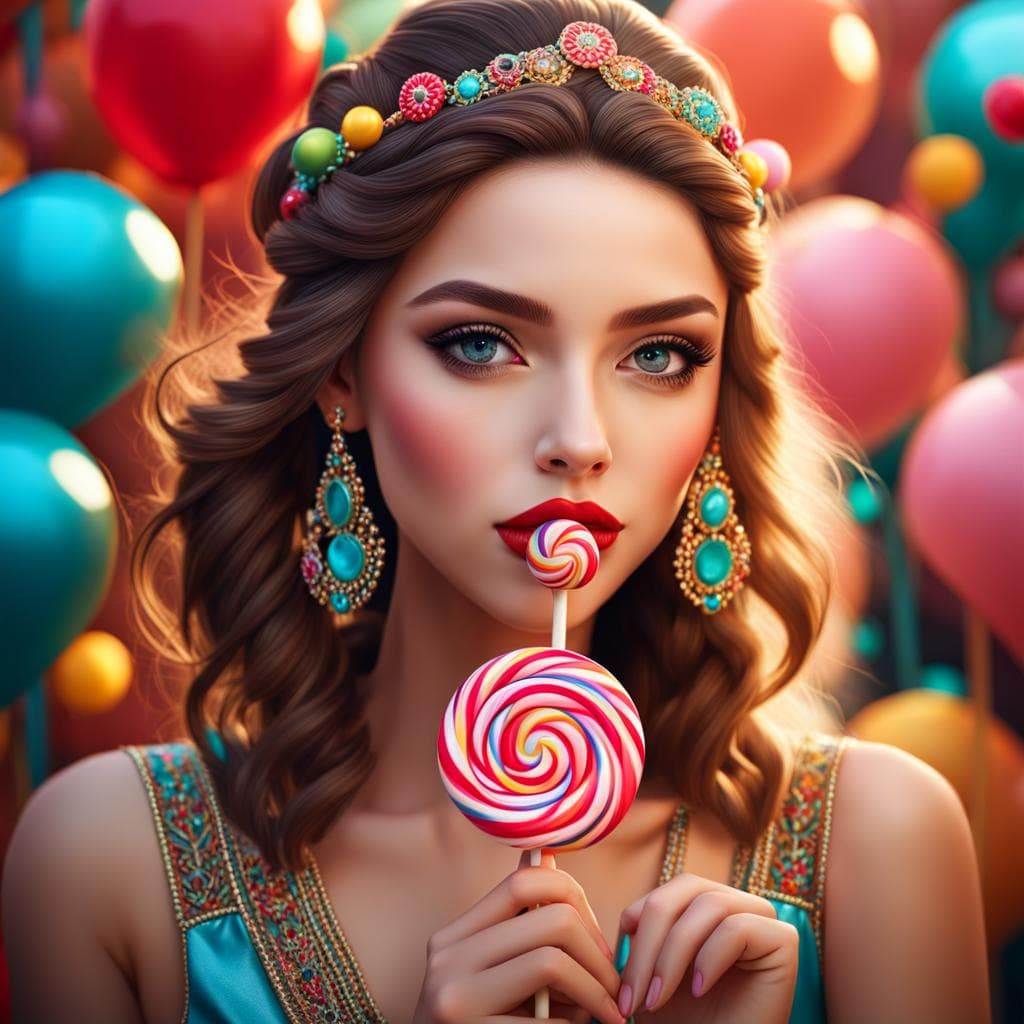 AI generated: full wide view of a picture of the lively party around her, while the girl's lollipop remains the ce...