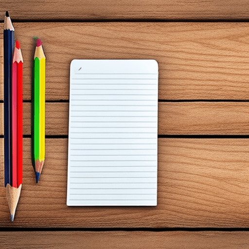 AI generated: open notepad with blank pages, on a Swedish pine wooden floor, pencil, crayon

