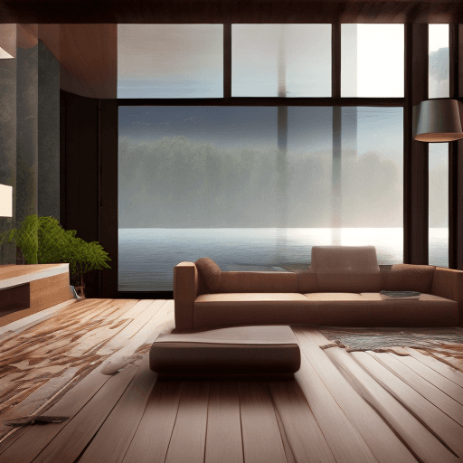 AI generated: High resolution photography interior design, dreamy sunken living room conversation pit, wooden floo...