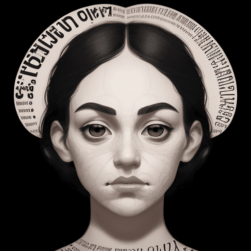 AI generated: Typographic portrait image featuring a stylized face composed entirely of text. The layout is a clos...