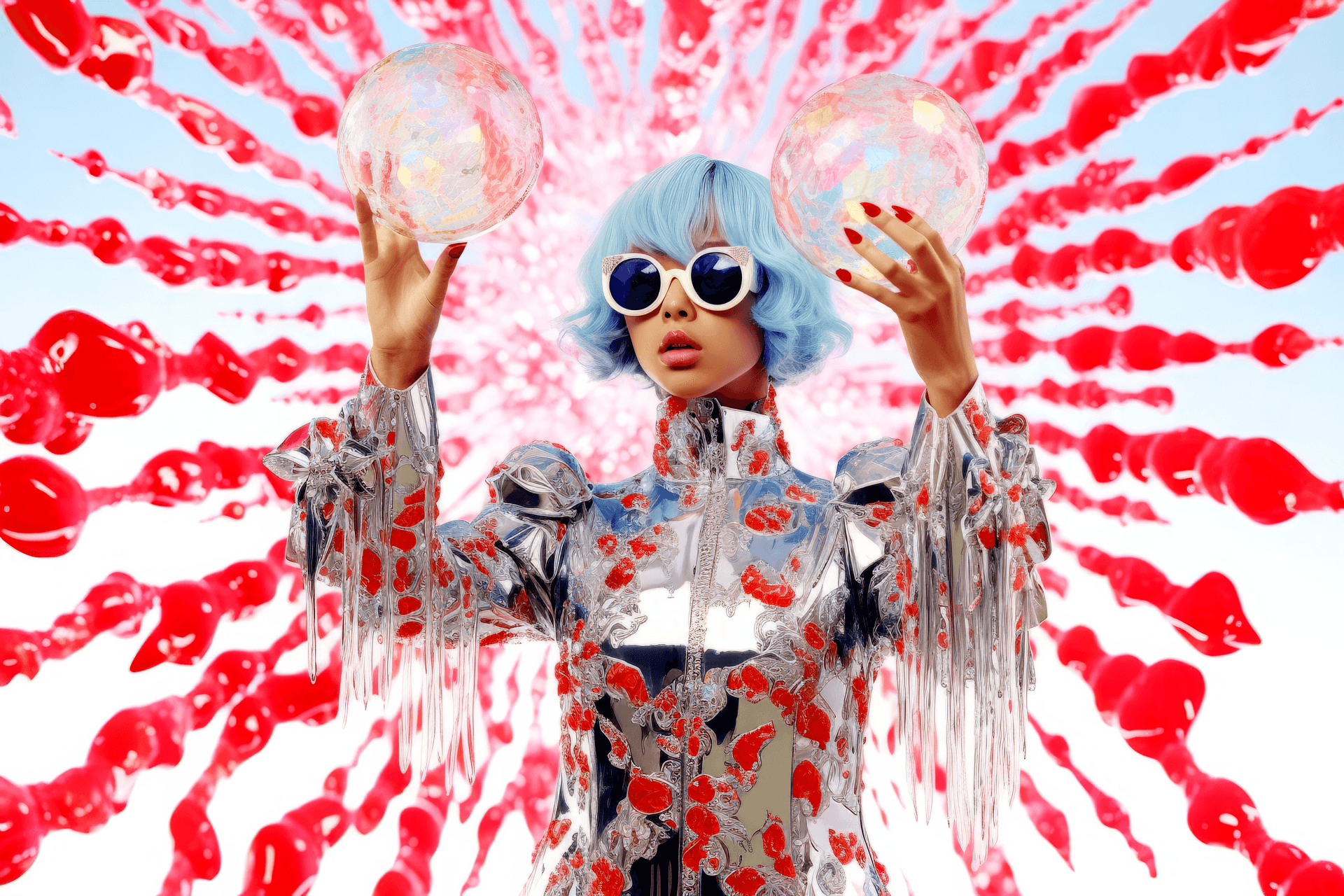 AI generated: a woman holding an ice cube, in the style of dark sky-blue and light crimson, splattered/dripped, sh...