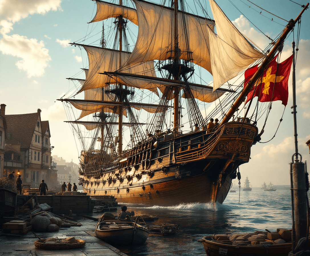 AI generated: Photo of a ultra realistic sailing ship, in the early 1800's, anchored at an old European port, crew...