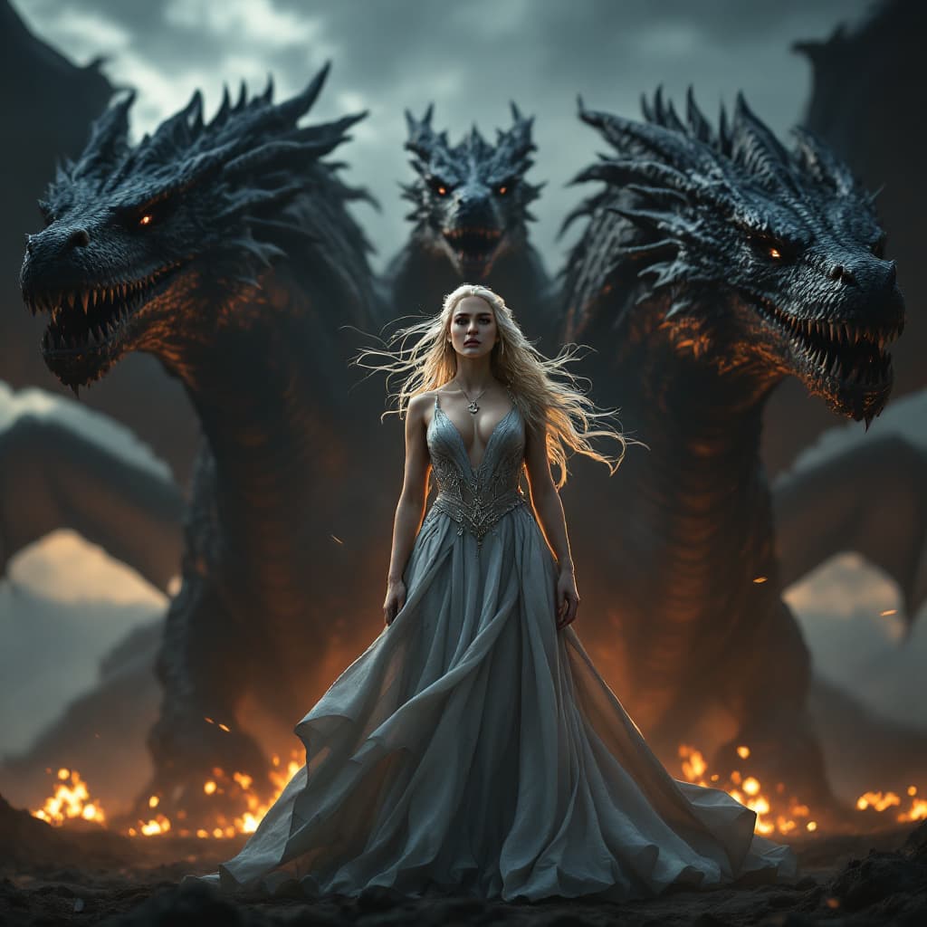 AI generated: Daenerys Targaryen standing tall, full height, regal and powerful, in front of three massive, full-g...