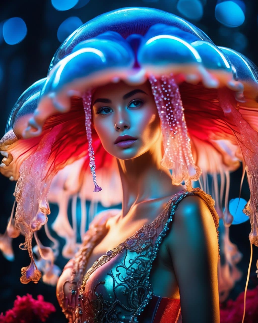 AI generated: Portrait close up photo of an bioluminescent lifeform princess based on Elsa jellyfish with fungus a...