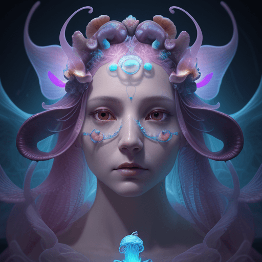 AI generated: Goddess close-up portrait ribcagel. jellyfish phoenix head, nautilus, orchid, skull, betta fish, bio...