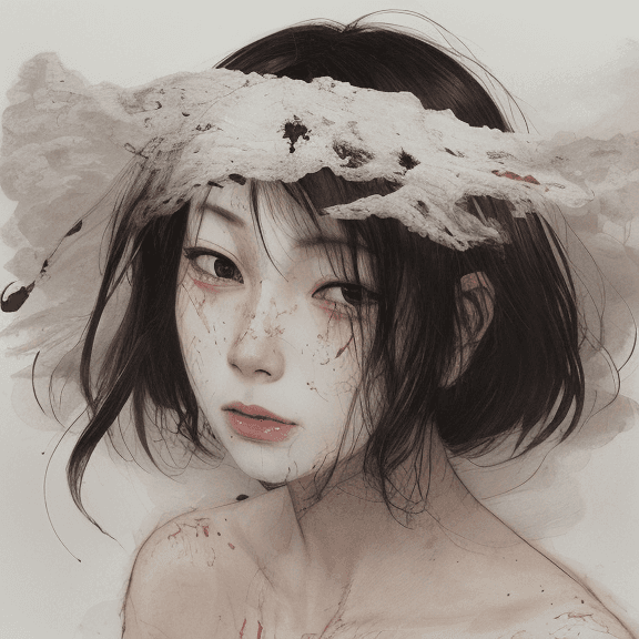 AI generated: a single Woman crying blood, artwork by Takato Yamamoto and Chika Yamada, minimalistic, face barely ...