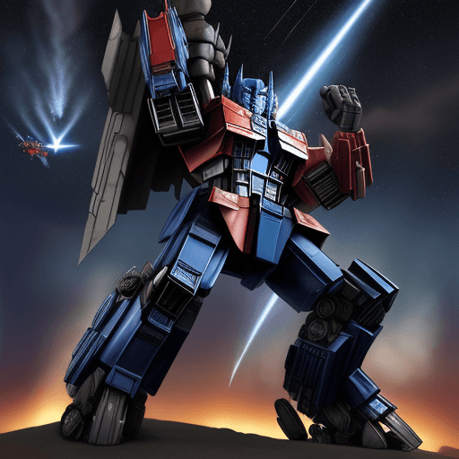 AI generated: optimus prime looking de sky in the night and autobots falling down to safe the earth form deceptico...