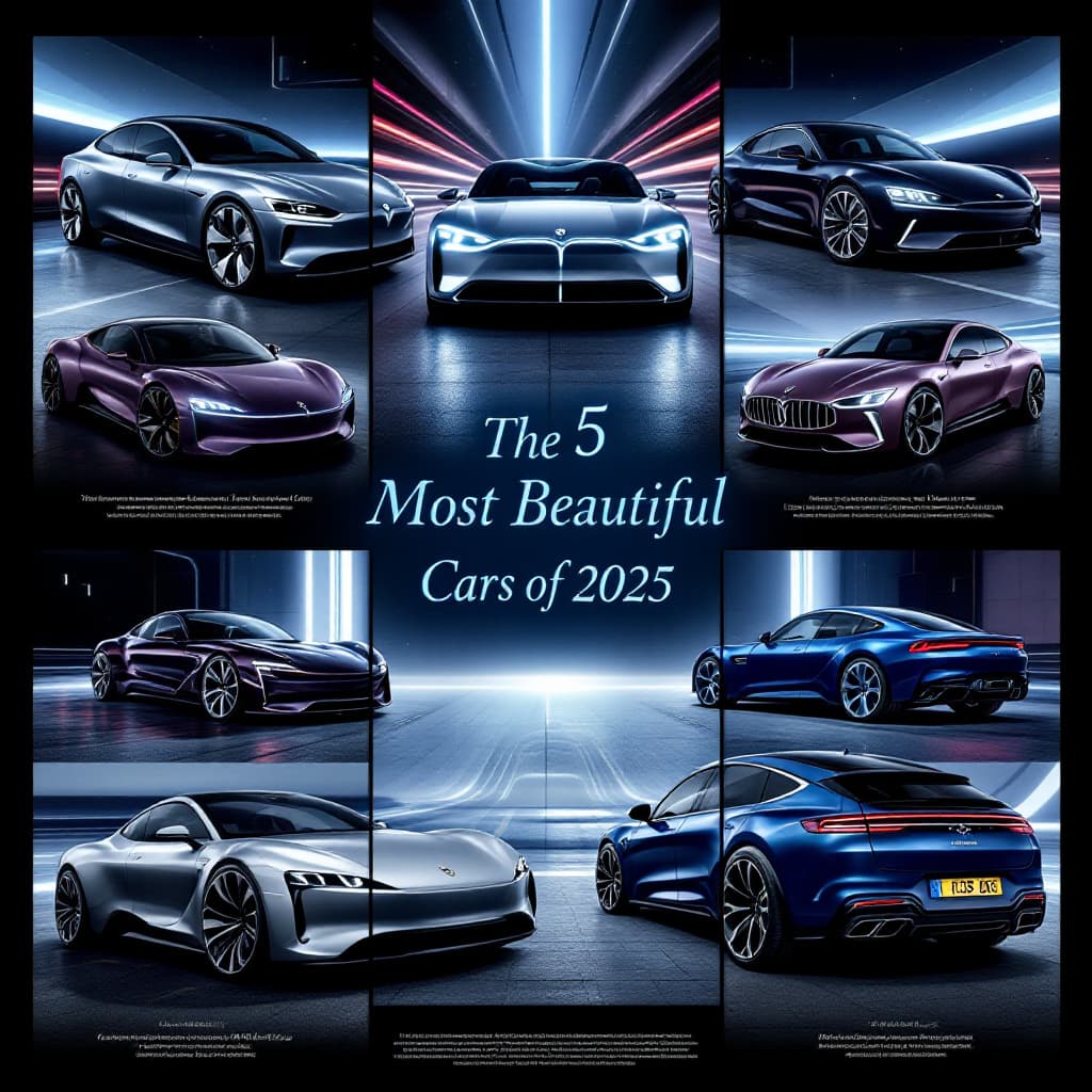AI generated: Create a stunning collage titled "The 5 Most Beautiful Cars of 2025". Use images of the latest cars ...