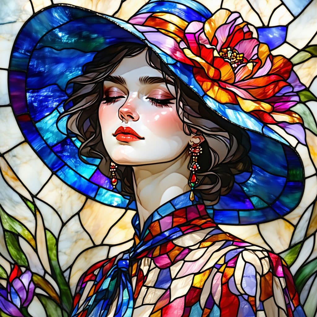AI generated: Woman portrait,  (stylized art:1.5),  (stained glass style:1.4),  (colorful flower hat:1.2),  (woman...