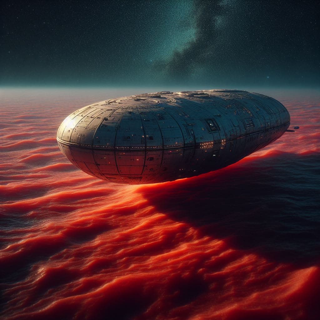 AI generated: spaceship shaped like a metallic airship, flying over a reddish sea, close to the surface, night, st...