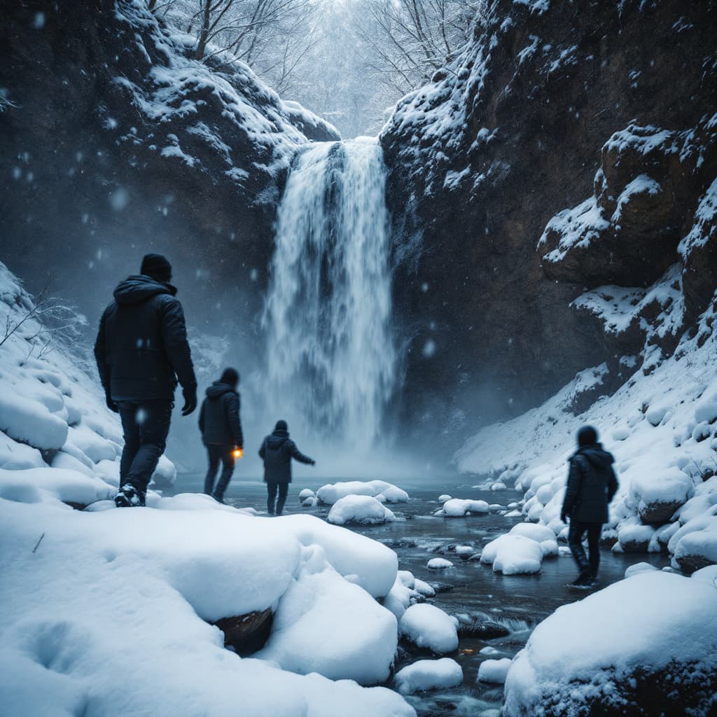 AI generated: Heavy snow, photo style, waterfall at the source of the hot spring, dark night, three blurred figure...