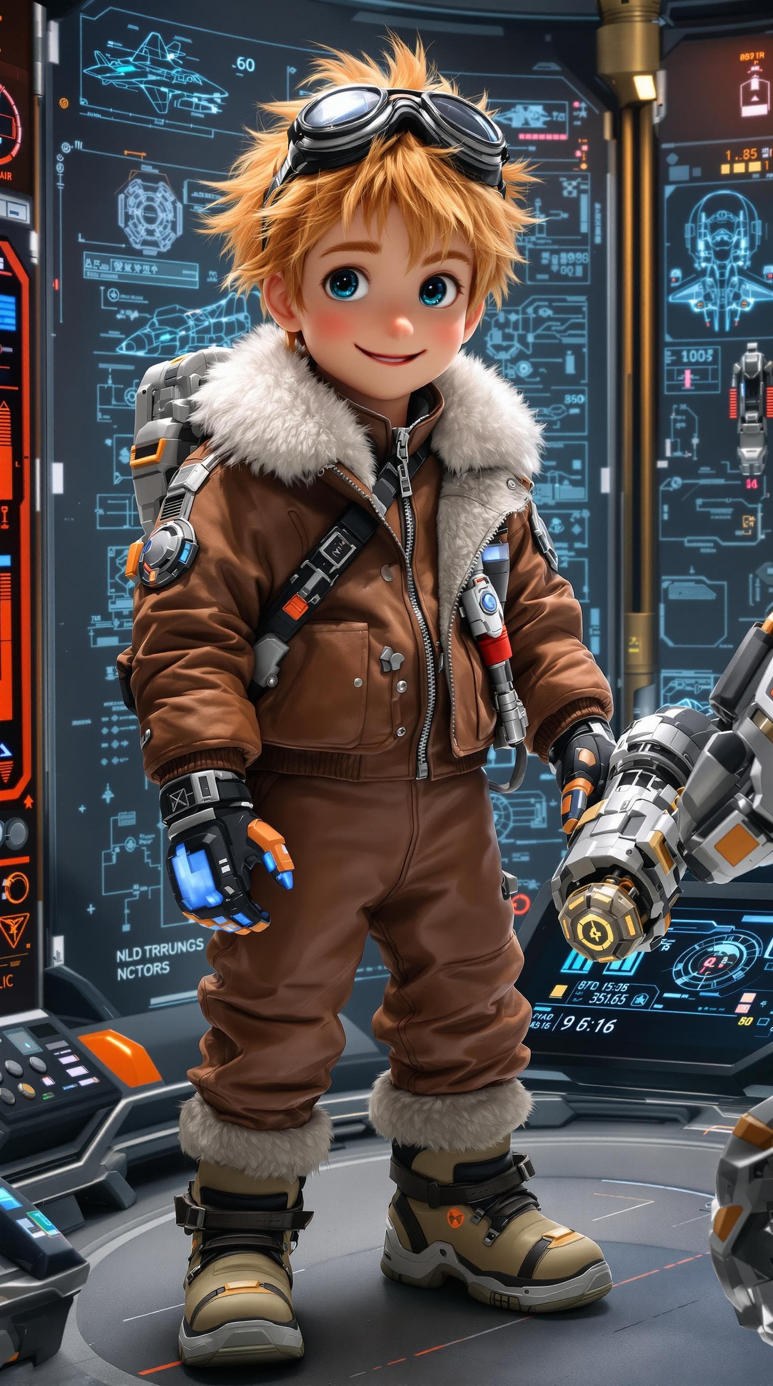AI generated: A hyper-realistic image of a young, intelligent-looking boy with tousled golden-orange hair and gogg...