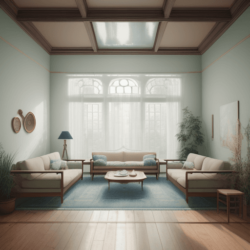AI generated: High resolution photography interior design, dreamy sunken living room conversation pit, wooden floo...