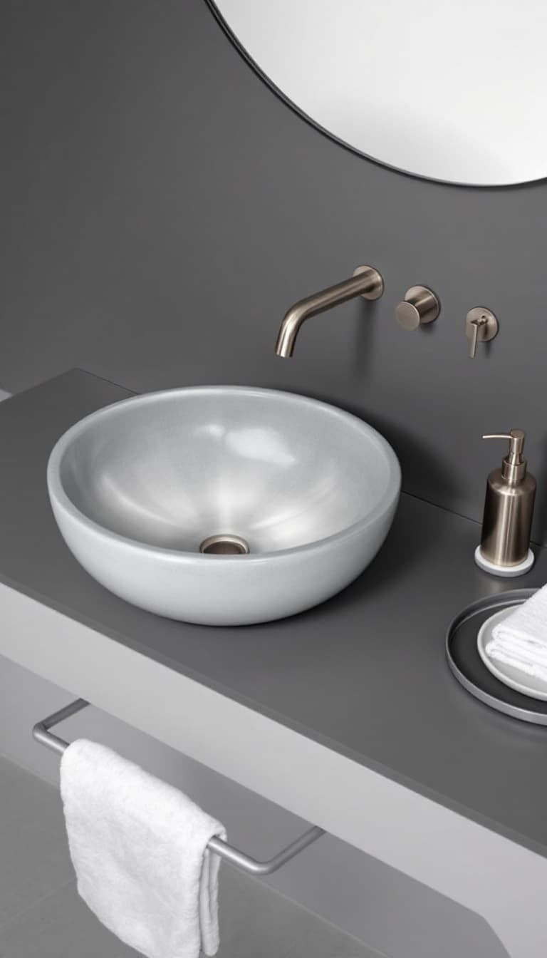 AI generated: A minimalist bathroom setup features a round, light gray ceramic sink resting on a dark gray counter...