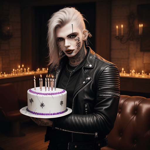 AI generated: photo, heavy metal fan holding a birthday cake with candles, leather jacket, piercings, tattoos