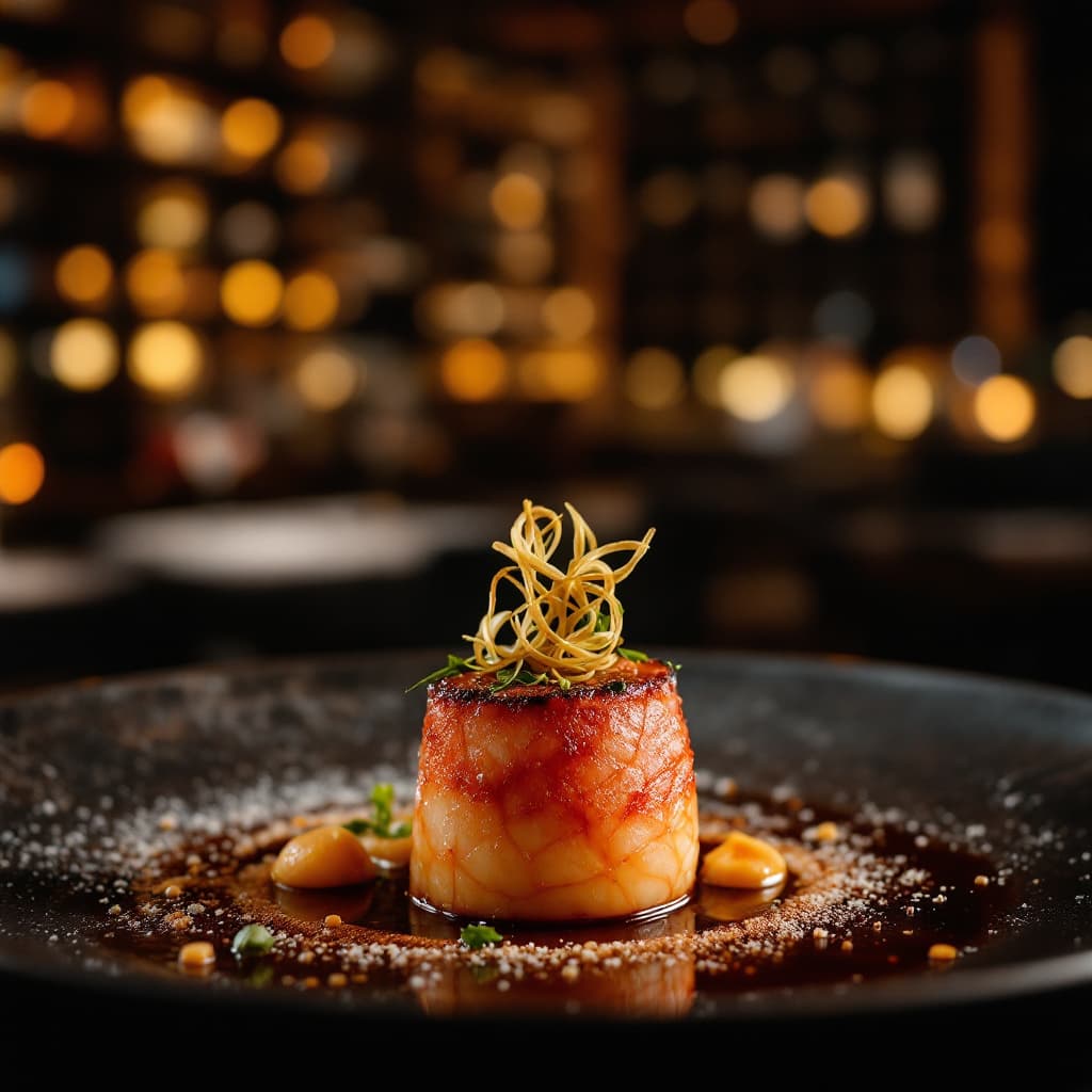 AI generated: 
Capture a delicious toma hawk de 1"
in close-up, exuding tempting appeal, at a 3 MICHELIN star rest...