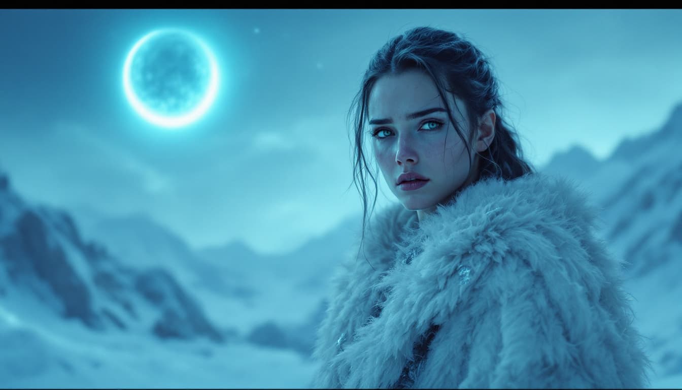 AI generated: A cinematic, ultra-realistic digital artwork featuring a young, beautiful, resilient female frost wa...