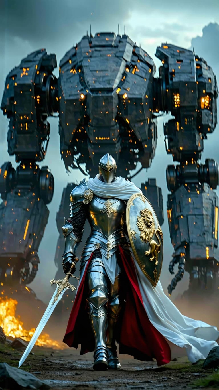 AI generated: An ultra-realistic, zoomed out, front facing, full-body portrait of a noble Paladin in gleaming silv...