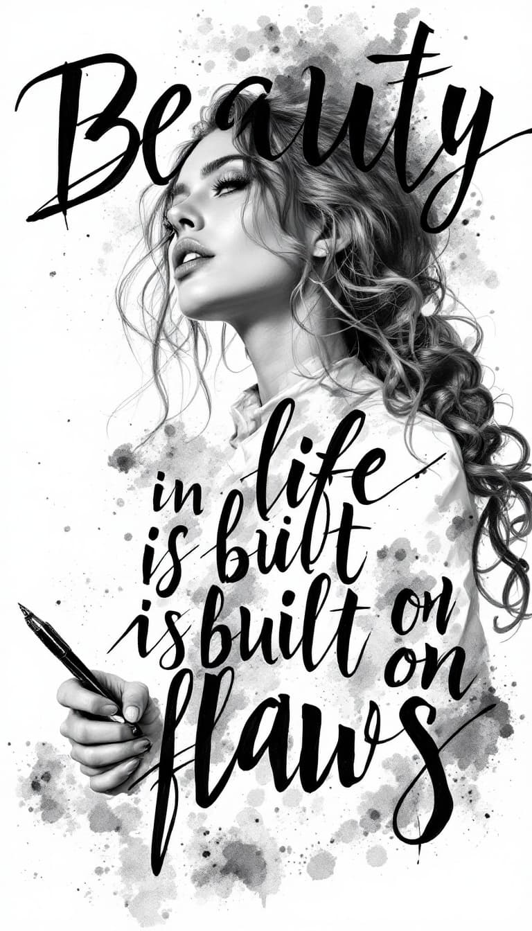 AI generated: Calligraphic Typography, Expressive Letters, Bold Text, Powerful, blone Woman Holding a Pen Writing,...