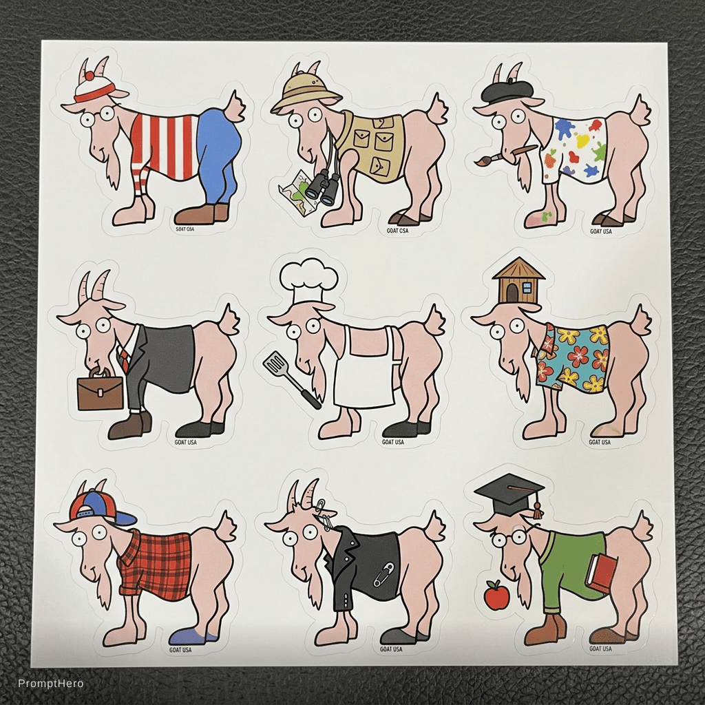 AI generated: just 1 sticker like the photo but change the characters characteristics but keep same goat style