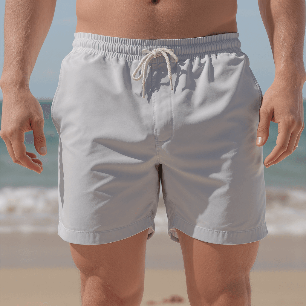 AI generated: Edit the original image to show the man wearing modern, fitted swimming trunks in beachwear style. T...