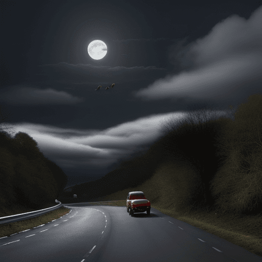 AI generated: cars driving on road, mushrooms, marijuana, trees, moonlight, slightly cloudy, monkeys, colorful bir...