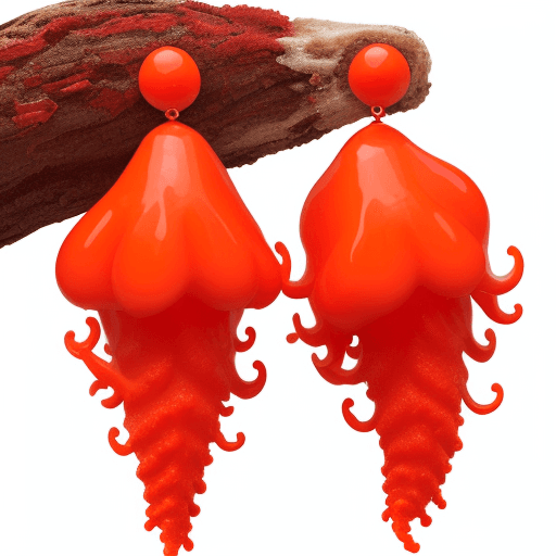 AI generated: a pair of red coral earrings on a white background, blazing fire tornadoes, molten plastic, full of ...
