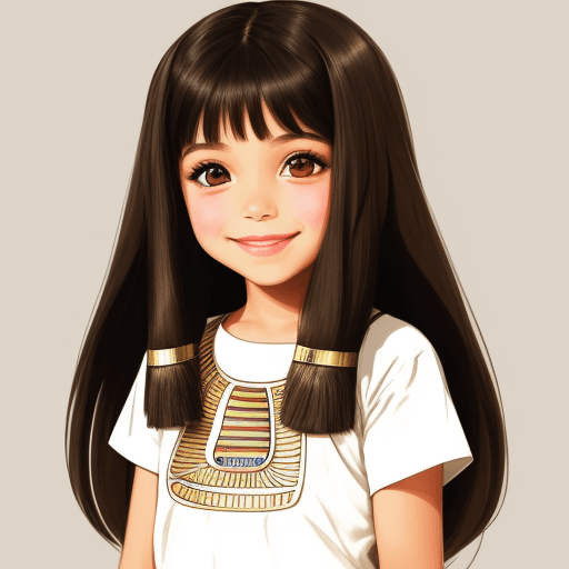 AI generated: 7 years old girl, pretty,wide brown eyes,smilin,Egyptian, long stright hair,illustration style