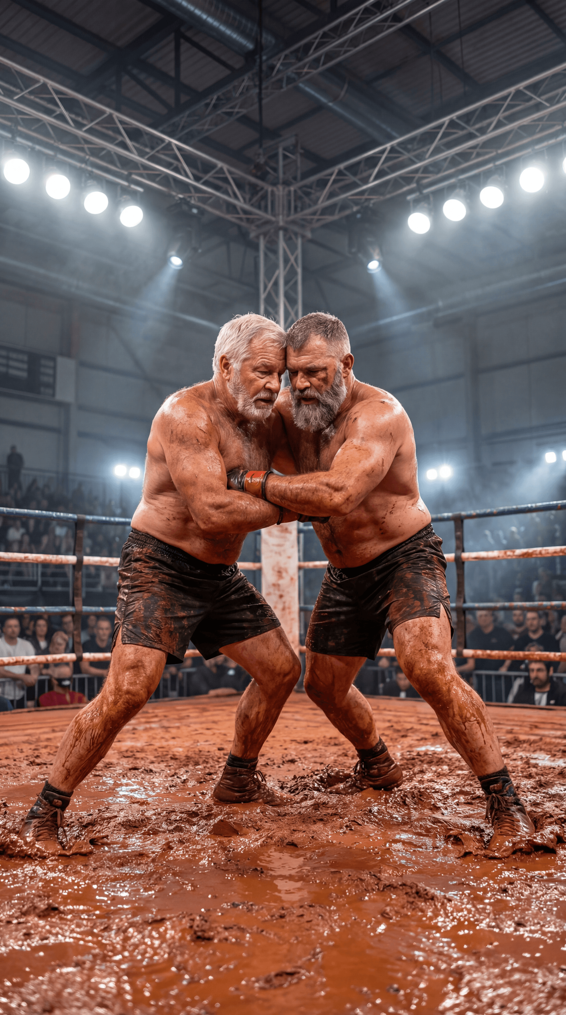 AI generated: REALISTIC SPORTS EVENT PHOTOGRAPH — INDOOR ARENA BOXING RING — RED CLAY MUD WRESTLING — VERTICAL 9:1...